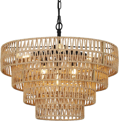 Boho Rattan Chandelier, 6-Light Dining Room Light Fixture, Wicker Pendant Lighting with 4-Tier Woven Lampshade, Large Farmhouse Chandeliers for Dining Room Bedroom Kitchen Living Room(20')