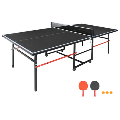 8ft Black Mid-Size Table Tennis Table Foldable & Portable Ping Pong Table Set for Indoor Games with Net, 2 Table Tennis Paddles and 3 Balls