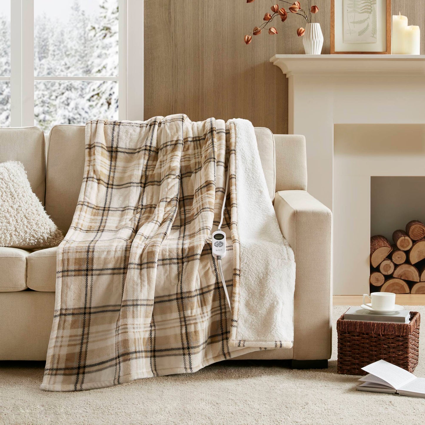1-Piece 50x60' Heated Throw,Tan Plaid