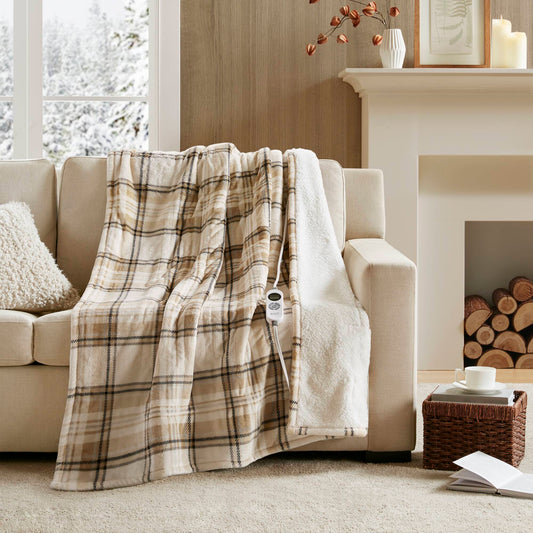 1-Piece 50x60' Heated Throw,Tan Plaid
