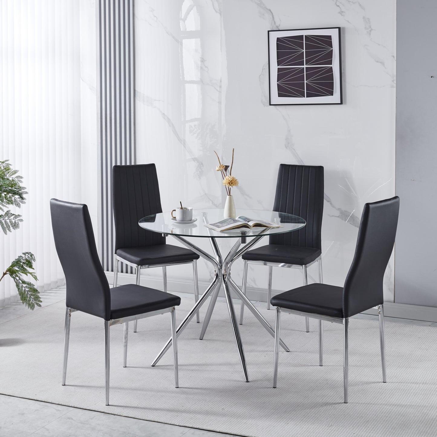 1+4,5pieces dining set, Table metal leg Mid-century Dining Table for 4-6 people With Glass  Table Top, Pedestal Dining Table, End Table Leisure Coffee Table.