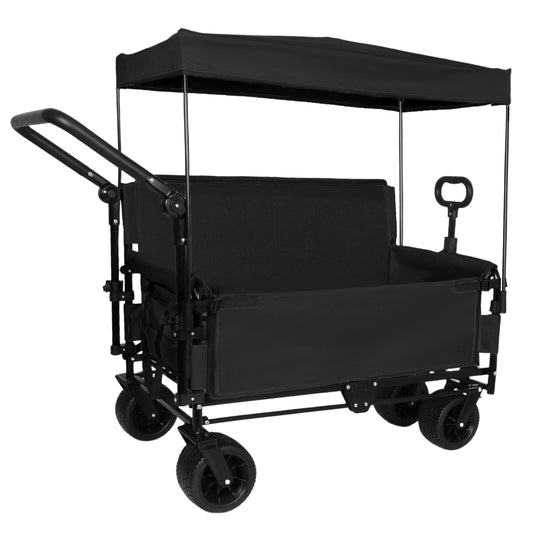 3-in-1 Folding Wagon Cart with Bench Seat & Canopy & Storage, 500lbs Heavy-Duty, 180L Capacity, All-Terrain Wagon for Camping, Beach, Sports, & Garden, Black