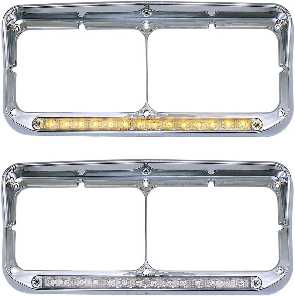 Chrome Rectangular Dual Headlight Bezels With Clear Lens + Amber LED 2Pcs