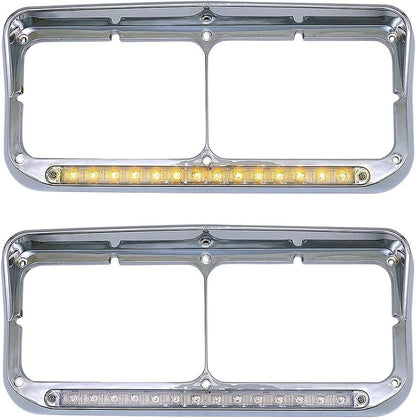 Chrome Rectangular Dual Headlight Bezels With Clear Lens + Amber LED 2Pcs