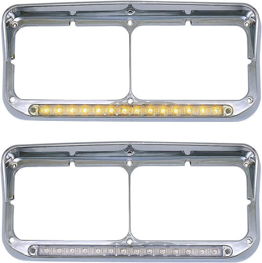 Chrome Rectangular Dual Headlight Bezels With Clear Lens + Amber LED 2Pcs