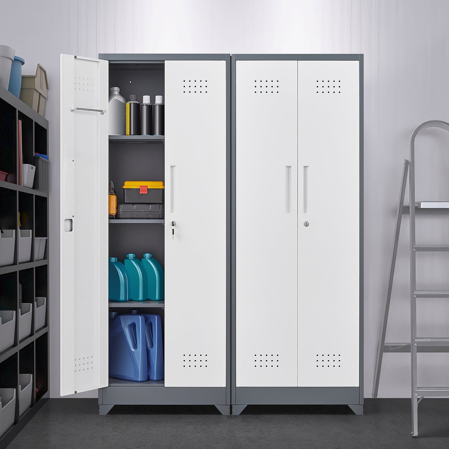 Broom Storage Cabinet With Locking Doors And Shelves, 65' H Metal Storage Cabinet With Hanging Rod & S-Hooks, Cleaning Tool Storage Cabinet Grey
