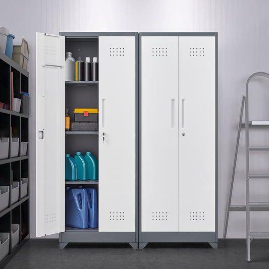 Broom Storage Cabinet With Locking Doors And Shelves, 65' H Metal Storage Cabinet With Hanging Rod & S-Hooks, Cleaning Tool Storage Cabinet Grey