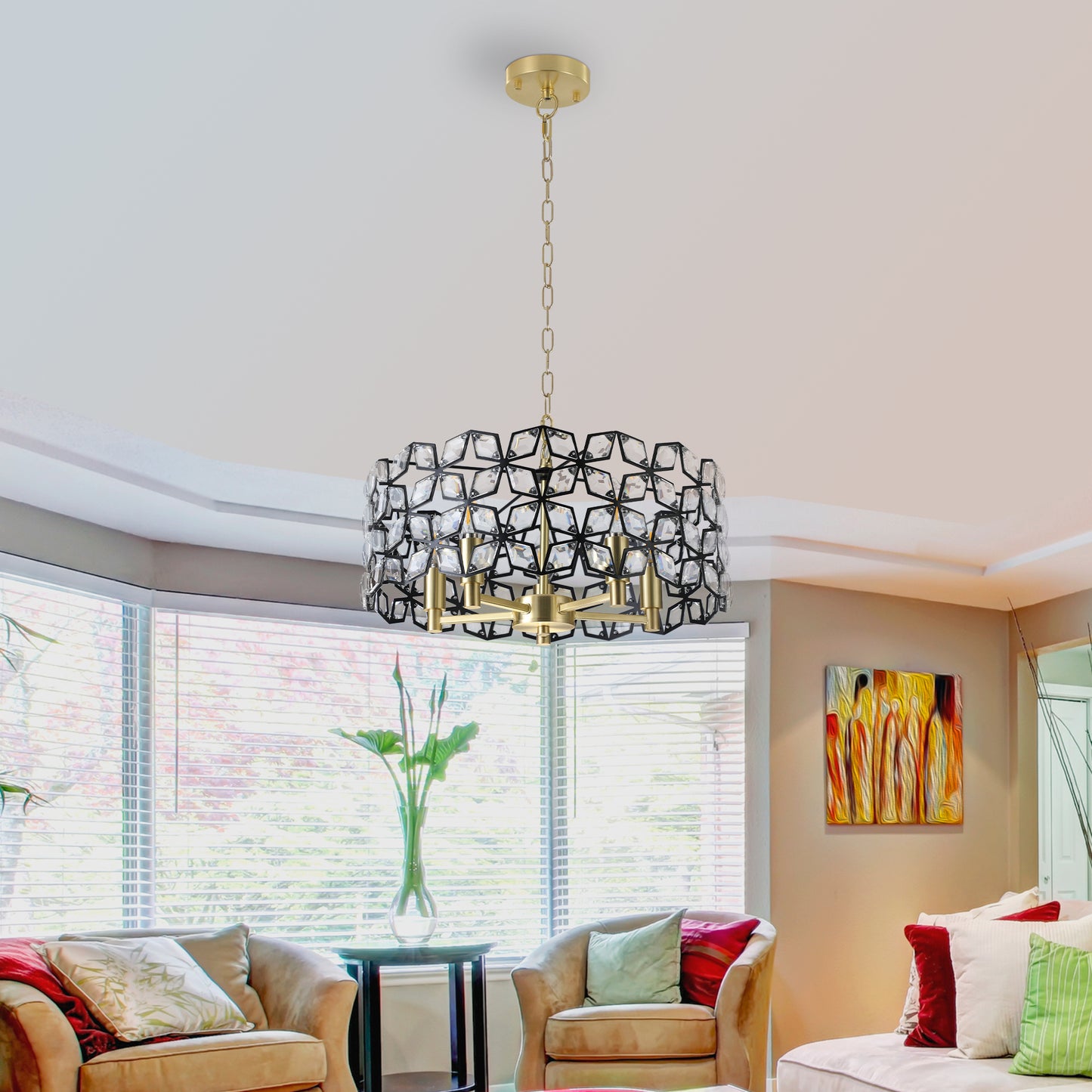 19' Geometric Crystal and BlackGold Round Pendant Chandelier – Modern 5-Light Fixture for Dining Room, Living Room, or Kitchen (Bulb Not Included)
