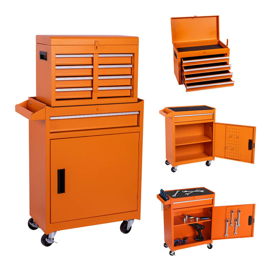 Tool Chest, 5-Drawer Rolling Tool Storage Cabinet with Detachable Top Tool Box, Liner, Universal Lockable Wheels, Adjustable Shelf, Locking Mechanism, Metal Tool Cart for Garage Workshop