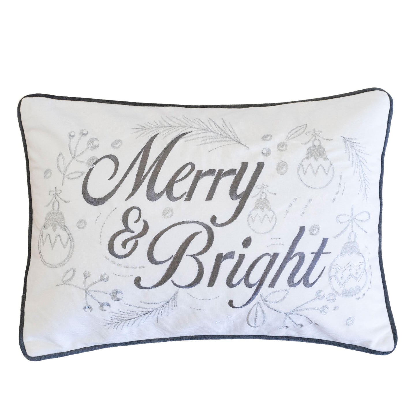 Merry & Bright Christmas Throw Pillow – 14x20' White and Silver Embroidered Velvet Lumbar Cushion