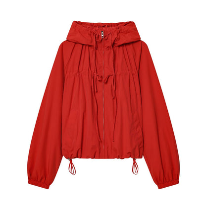 Women's Jacket Crimson Red Hooded Windbreaker BYMANYC ® New York SOHO RED DRAWSTRING WINDBREAKER - New Collection