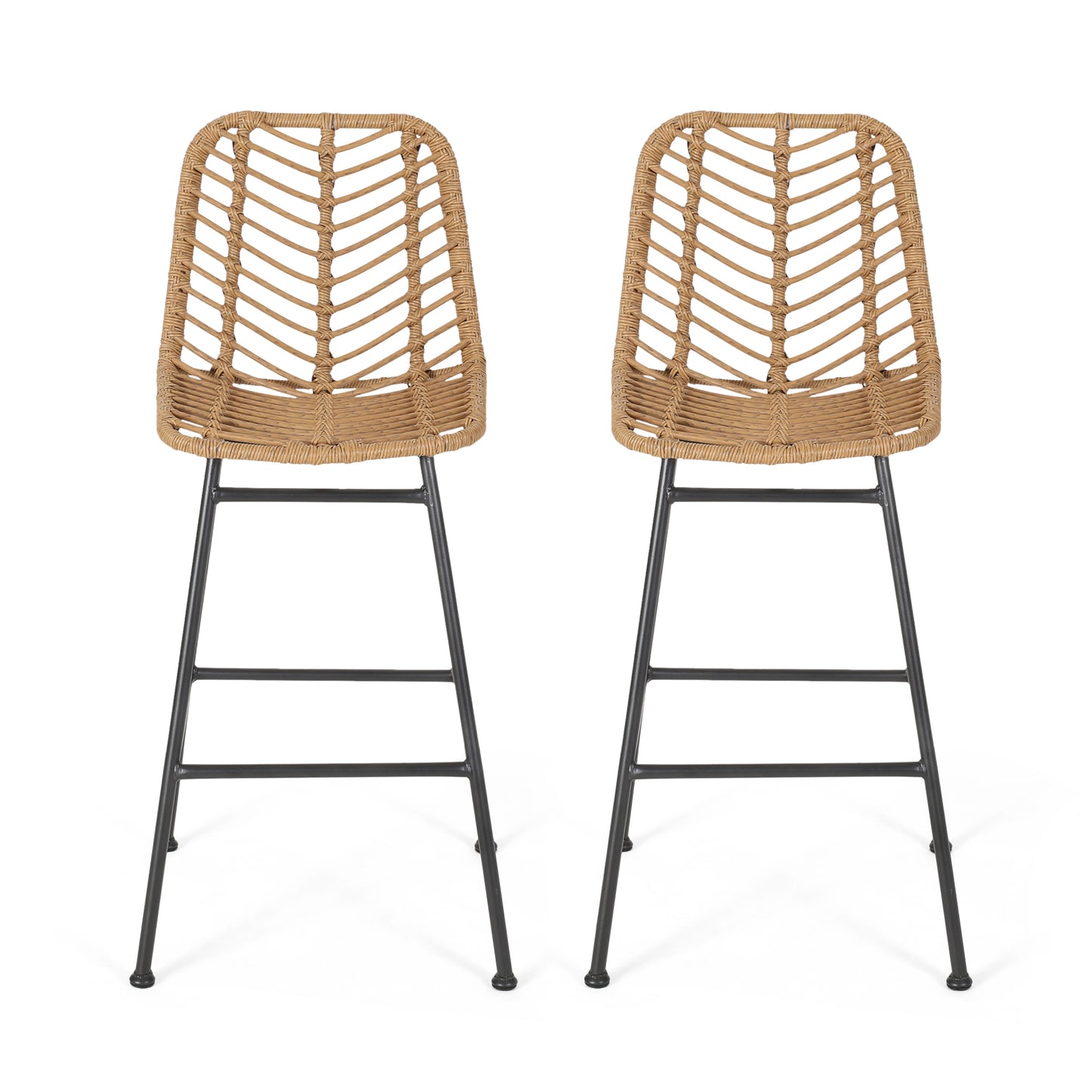 Outdoor Wicker Barstool with Thin Angled Legs, Set of 2, Light Brown