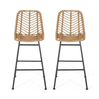 Outdoor Wicker Barstool with Thin Angled Legs, Set of 2, Light Brown