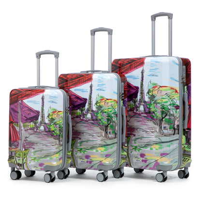 20'/24'/28' 3 pcs/set in PC Spinner Wheel Luggage, Carry on Suitcase, With Printed pattern and Combination Lock (Coffee+Iron Tower)