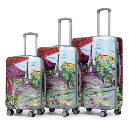 20'/24'/28' 3 pcs/set in PC Spinner Wheel Luggage, Carry on Suitcase, With Printed pattern and Combination Lock (Coffee+Iron Tower)