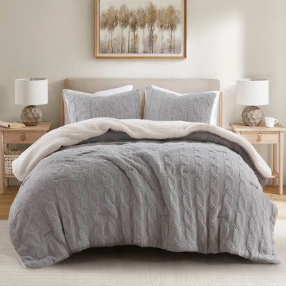2 Pieces Twin Cable Knit Chenille Comforter Set,Gray