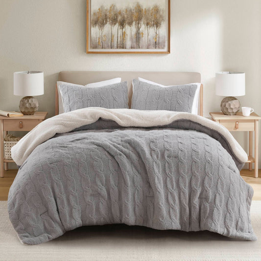 3 Pieces King/Cal King Cable Knit Chenille Comforter Set,Gray