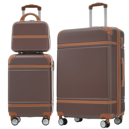 Hardshell Luggage Sets 3 Pieces 20'+28' Luggages and Cosmetic Case Spinner Suitcase with TSA Lock Lightweight,Brown