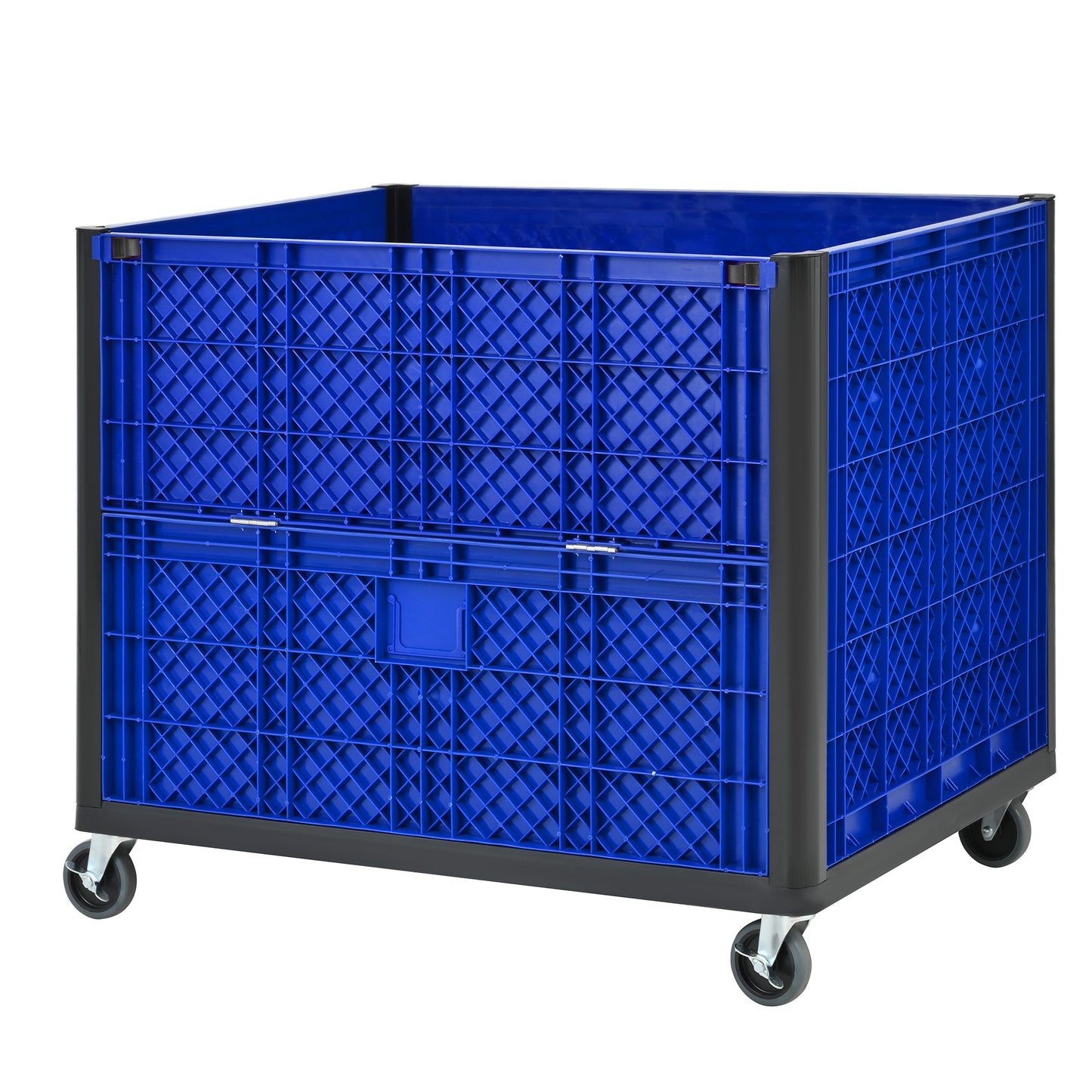 Collapside Bulk Container With Caster,Solid Wall, total capacity of 600 lbs Stacks up to 4 high for a total of 2000 lbs and includes 4 feet for stacking, blue
