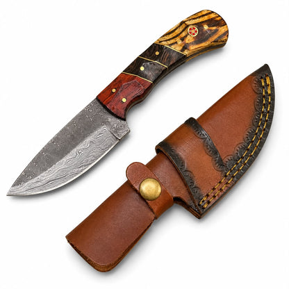 Hand-Forged Damascus Steel Drop Point Skinning Knife – Tiger Bamboo, Wenge & Rosewood Handle With Hand-Tooled Leather Sheath TKT-6