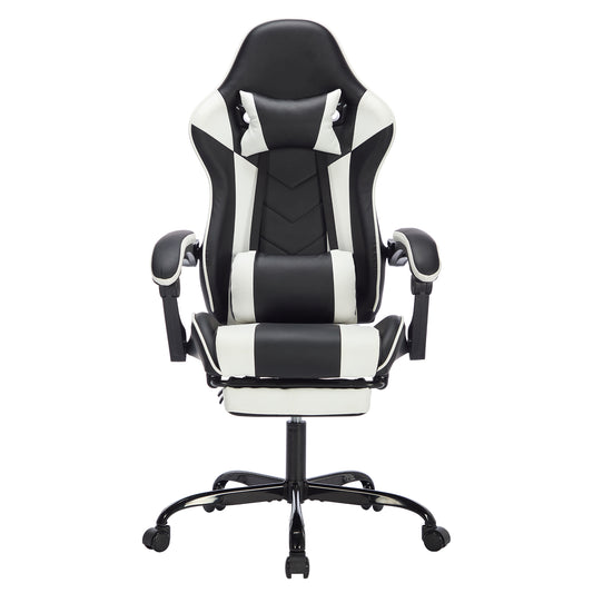 Gaming Chair with Footrest, Ergonomic Computer Chair with Headrest and Lumbar Support, Breathable Material Height Adjustable Video Game Chairs for Adults, Black White
