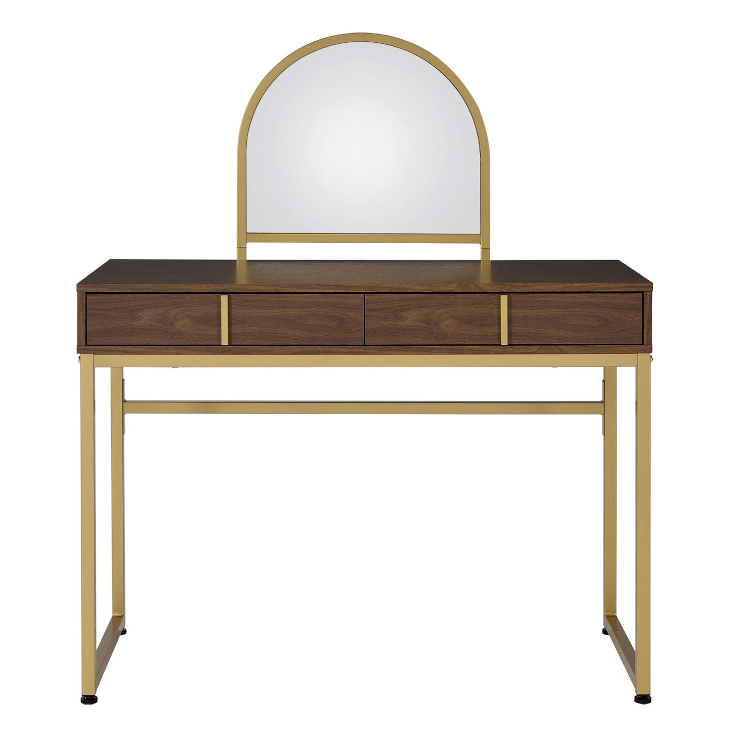 2 Drawers Vanity Desk with Mirror and Jewelry Tray, Walnut and Gold