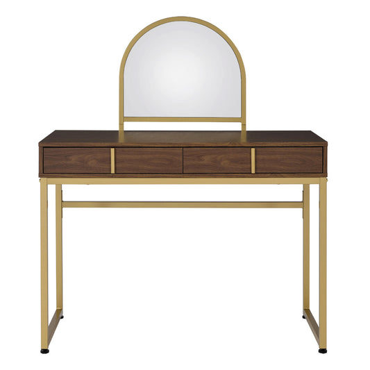 2 Drawers Vanity Desk with Mirror and Jewelry Tray, Walnut and Gold