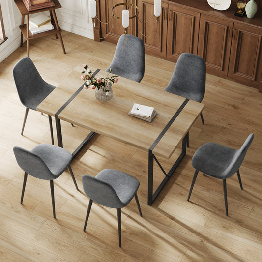 Table and chair set, upholstered side chairs in a modern medieval style, 6 dark grey dining chairs and a rustic industrial rectangular wood color MDF dining table.W1151S01857