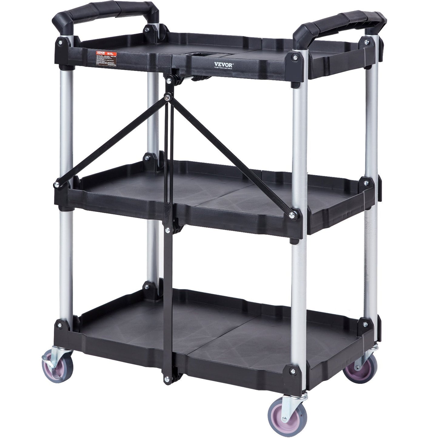 Foldable Utility Service Cart, 3 Shelf 165LBS Heavy Duty Plastic Rolling Cart with Lockable Wheels, Ergonomic Handle, Portable Garage Tool Cart for Warehouse/Office/Home(25.62'x15.43'x32.76')