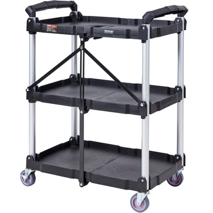 Foldable Utility Service Cart, 3 Shelf 165LBS Heavy Duty Plastic Rolling Cart with Lockable Wheels, Ergonomic Handle, Portable Garage Tool Cart for Warehouse/Office/Home(25.62'x15.43'x32.76')