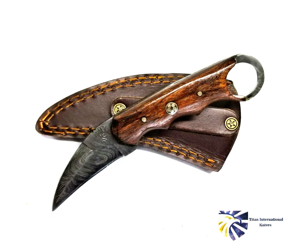 Damascus Flash Ring Skinner With Rose Wood Scales - Curved Fixed Blade Knife TD-199