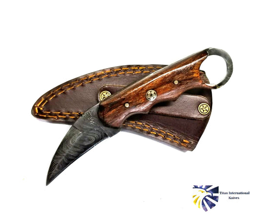 Damascus Flash Ring Skinner With Rose Wood Scales - Curved Fixed Blade Knife TD-199