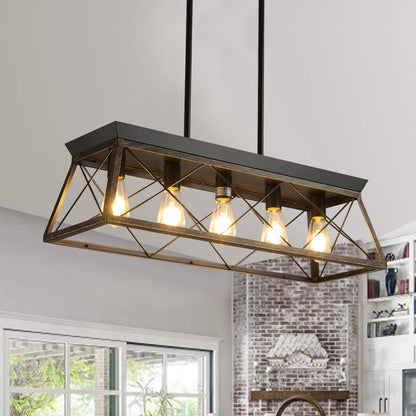 32' Black Gold Industrial 5-Light Pendant Chandelier, Modern Metal Cage Design, Adjustable Hanging Light for Dining Room, Kitchen, Living Room (No Bulbs)