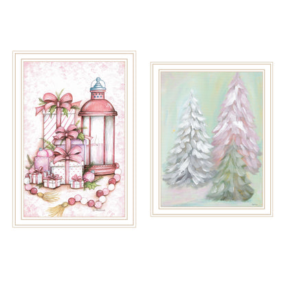 Trendy Decor 4U 2- Piece Vignette Pink Candy Land Christmas Trees White Framed Wall Art for Living Room, Bedroom Wall Art Print for Home Decor by Mary June
