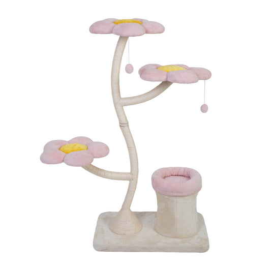 Flower-Shaped Cat Tree, with Blooming Platforms Bed, Condo, and Dangling Toys, Multi-Level Cat Tower for Indoor Cats, Modern, Pink & Beige