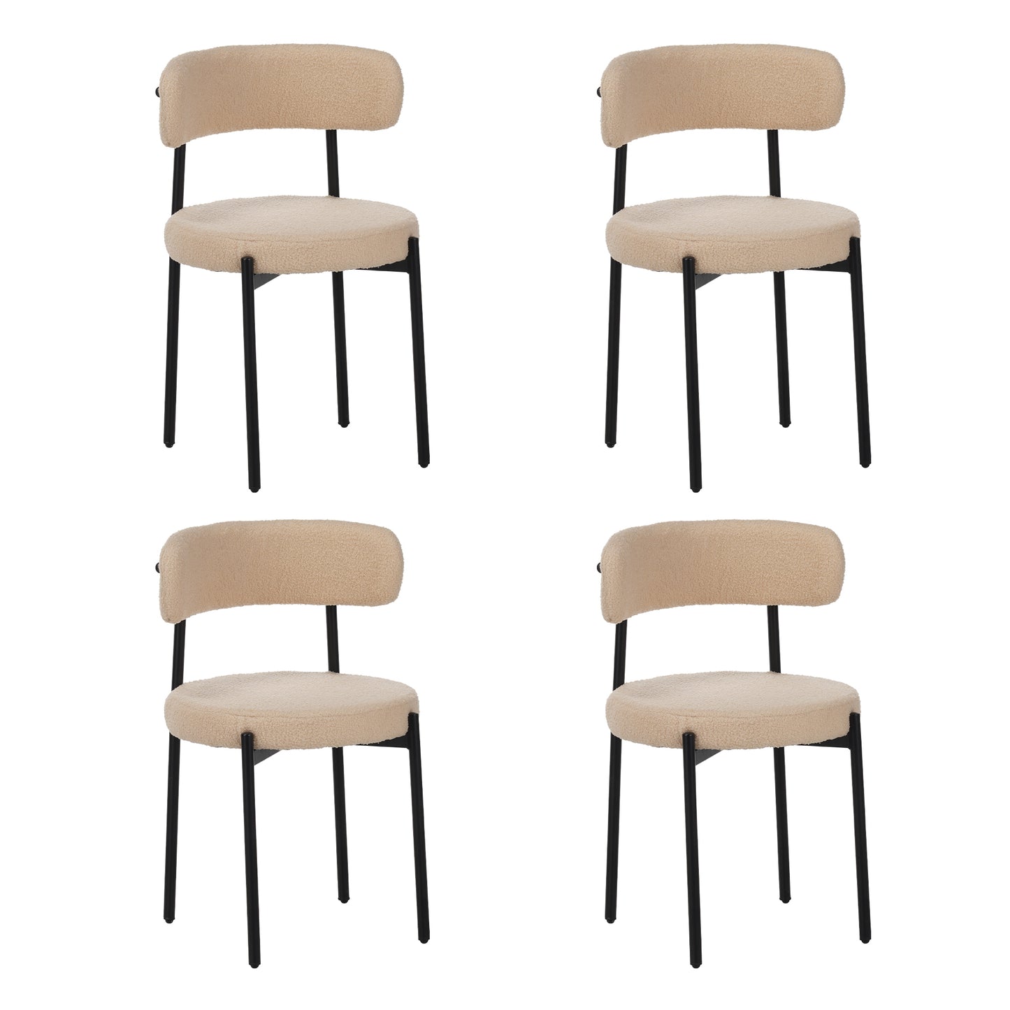 Medieval modern dining chair set, 4 pieces, round seat cushions, black metal legs, curved back kitchen dining chairs, suitable for restaurants and dining rooms, beige