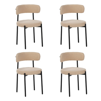 Medieval modern dining chair set, 4 pieces, round seat cushions, black metal legs, curved back kitchen dining chairs, suitable for restaurants and dining rooms, beige