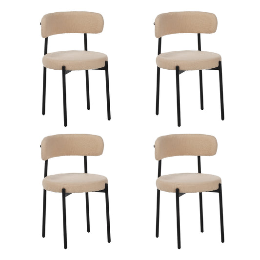 Medieval modern dining chair set, 4 pieces, round seat cushions, black metal legs, curved back kitchen dining chairs, suitable for restaurants and dining rooms, beige