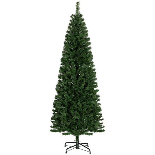 HOMCOM 6ft Pencil Christmas Tree, Unlit Artificial Christmas Tree Slim Douglas Fir Xmas Tree with Realistic Branches, Halloween Tree with 618 Tips, Green