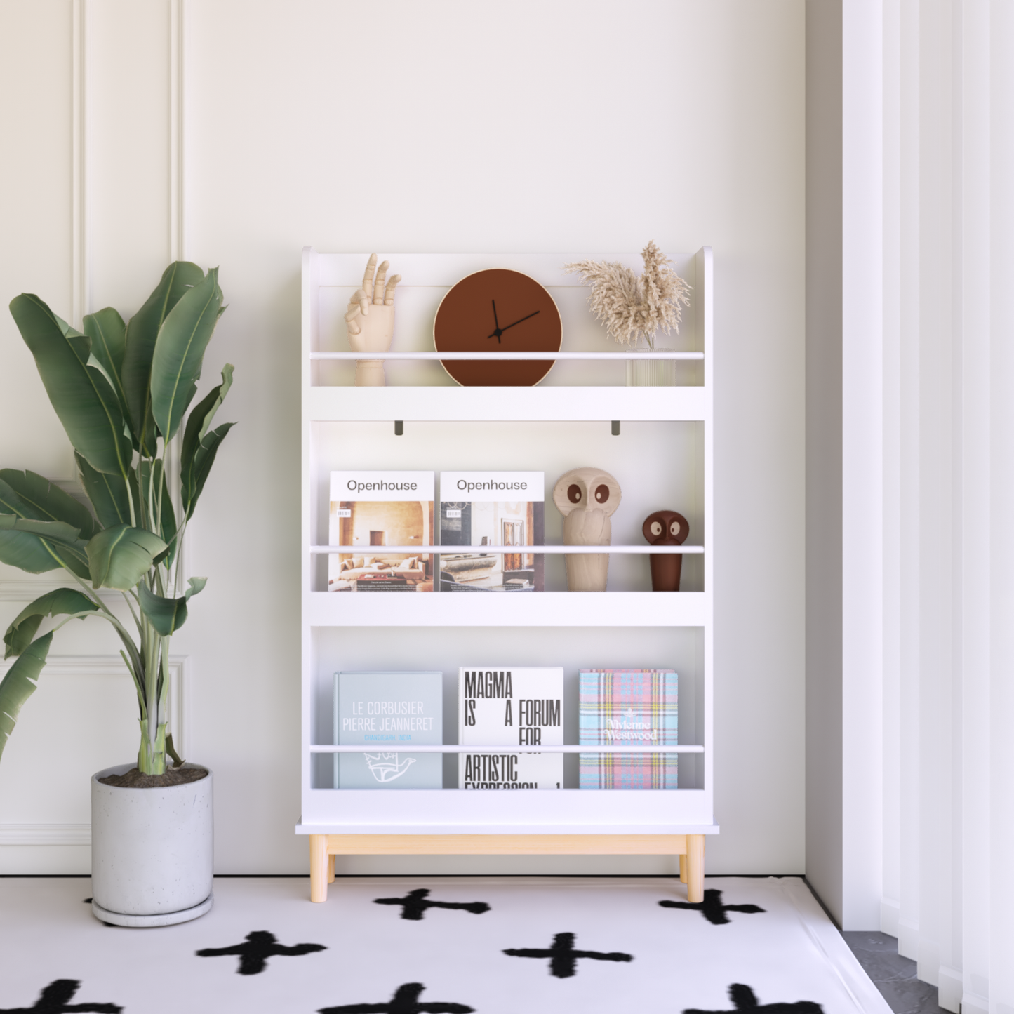 Wall-Mounted Kids Bookshelf with 3 Front-Facing Display Shelves, Modern White Book Rack with Natural Wood Base for Toddler Bedroom, Nursery or Playroom