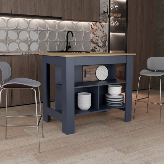 Kitchen Island 35.3' H, 3 Shelves, Alby Blue / Natural Oak - Kitchen