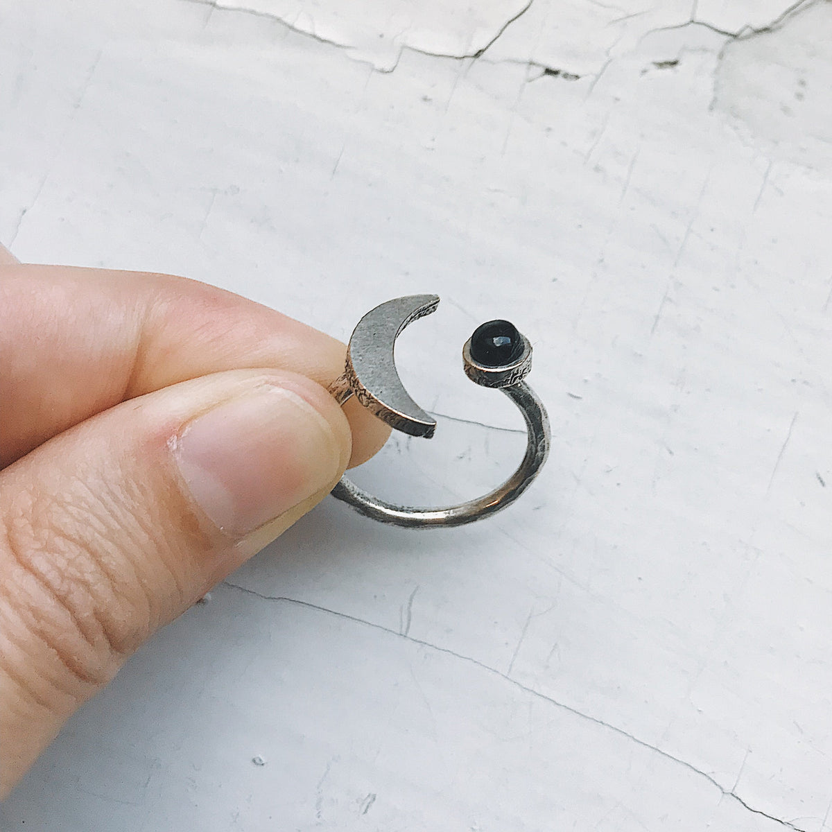 CLEARANCE Crescent Moon Ring With Black Onyx