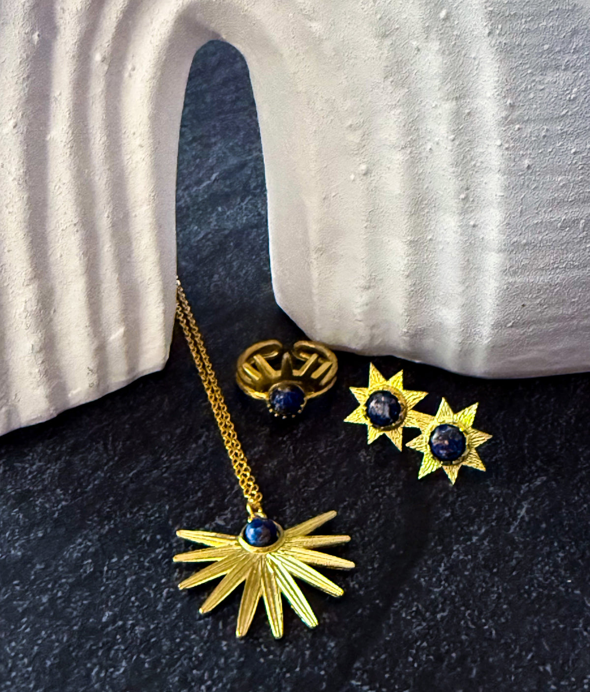 Dark Before Dawn Sunburst Jewelry Set With Copper Lapis Lazuli