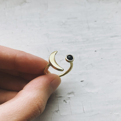 CLEARANCE Crescent Moon Ring With Black Onyx