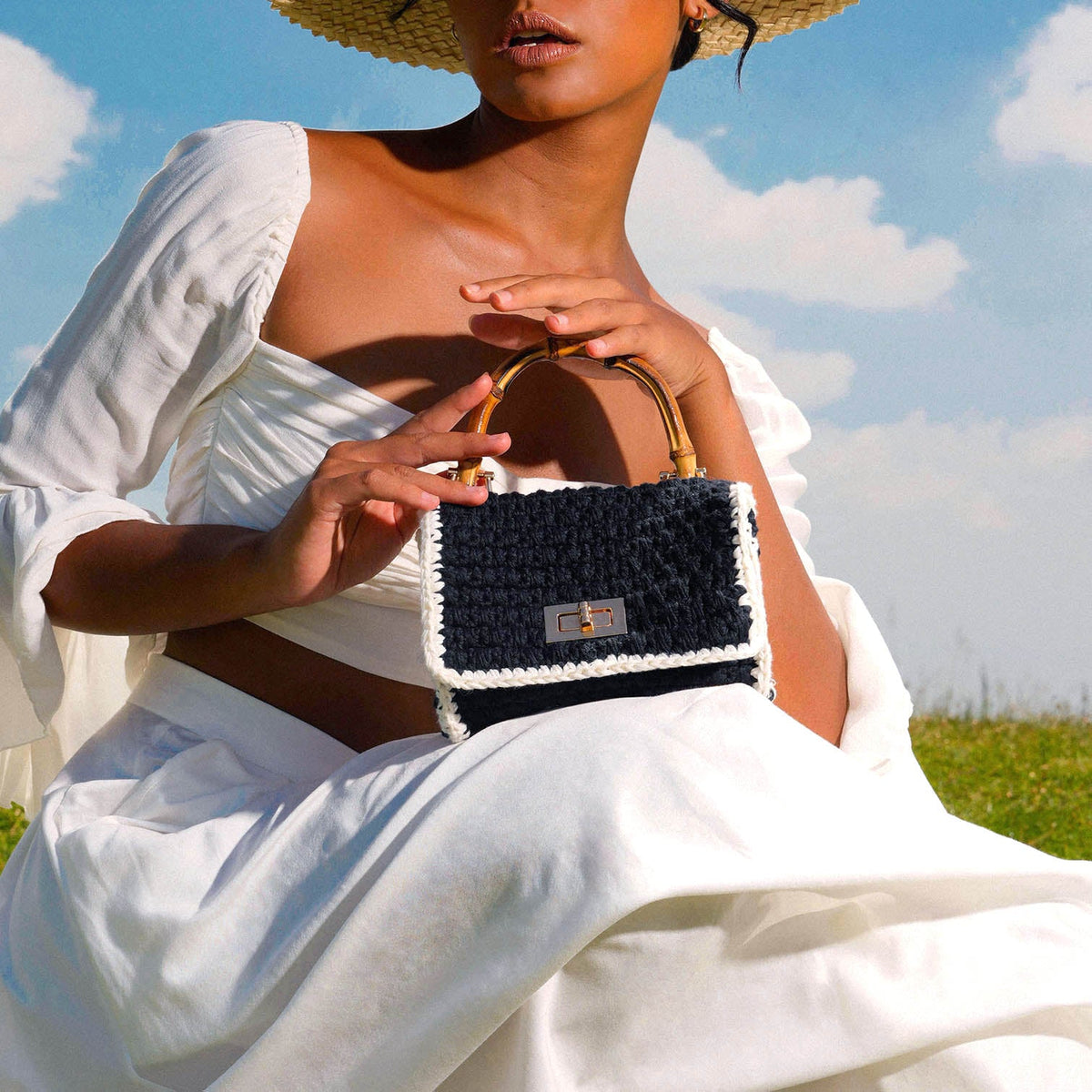 AIRMAIL Mini Crochet Handbag in Black & White