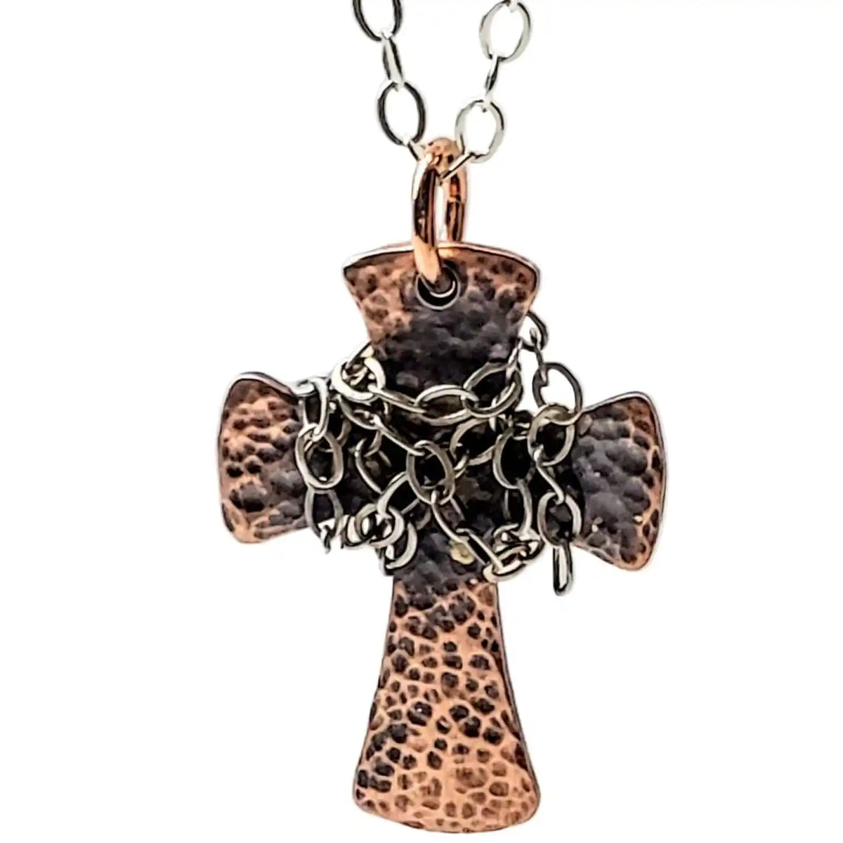 Chained Hammered Copper Cross Necklace for Him or Her
