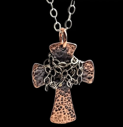 Chained Hammered Copper Cross Necklace for Him or Her