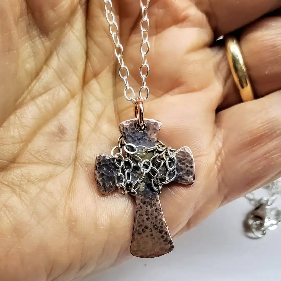 Chained Hammered Copper Cross Necklace for Him or Her