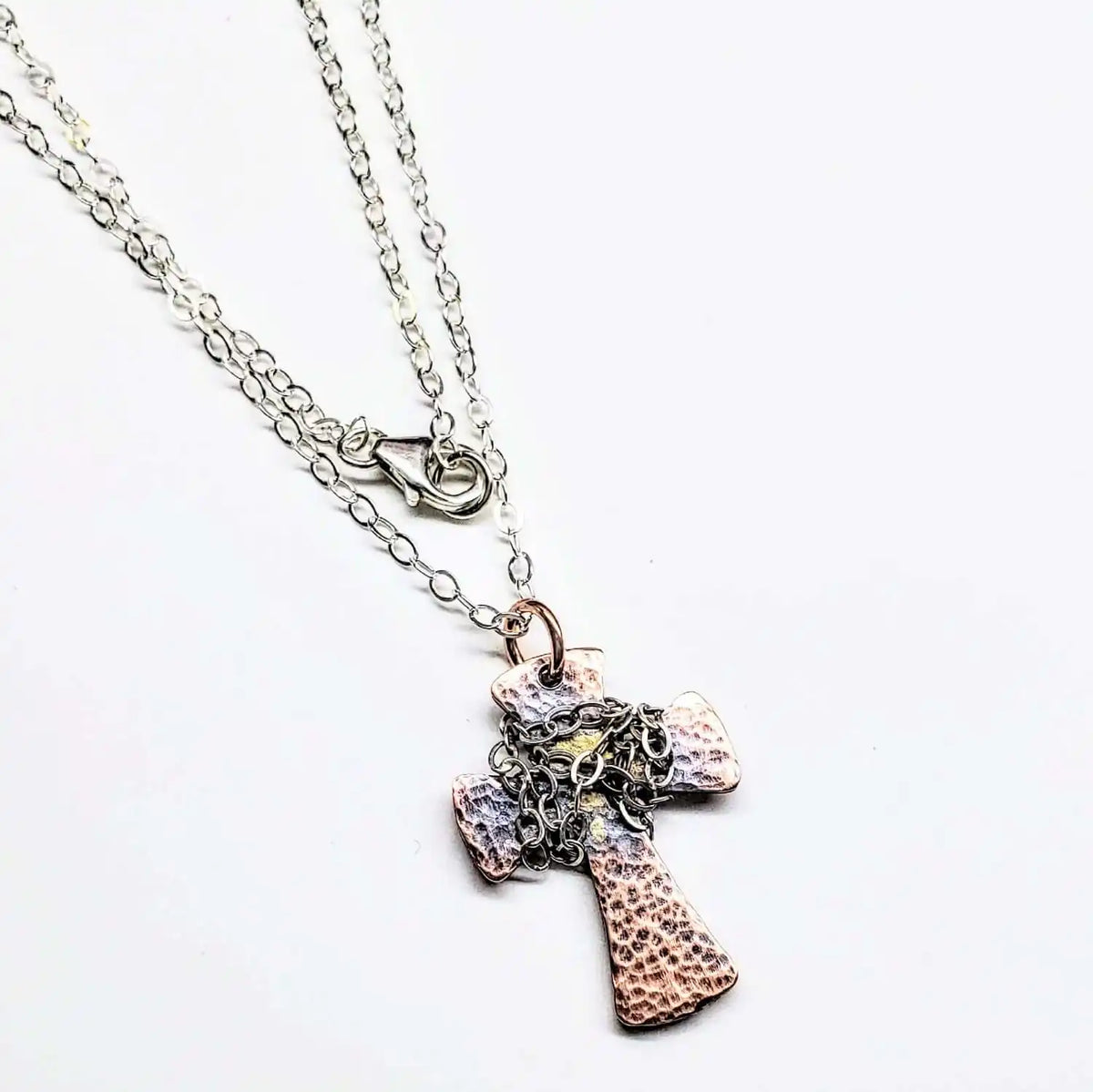 Chained Hammered Copper Cross Necklace for Him or Her