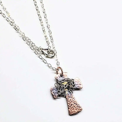 Chained Hammered Copper Cross Necklace for Him or Her